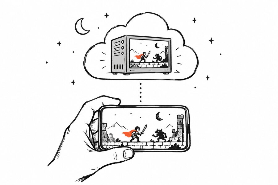 A server inside a cloud running the game, watched from a phone