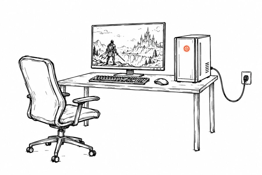 A PC on a desk at home, switched on and running the game