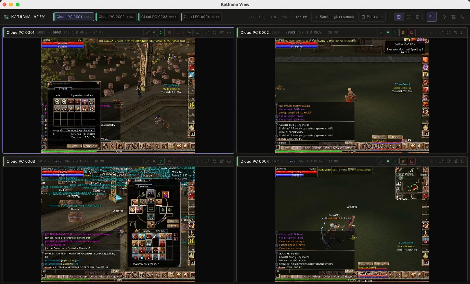 KathanaView showing four cloud PCs side by side, each running Kathana with the bot hunting
