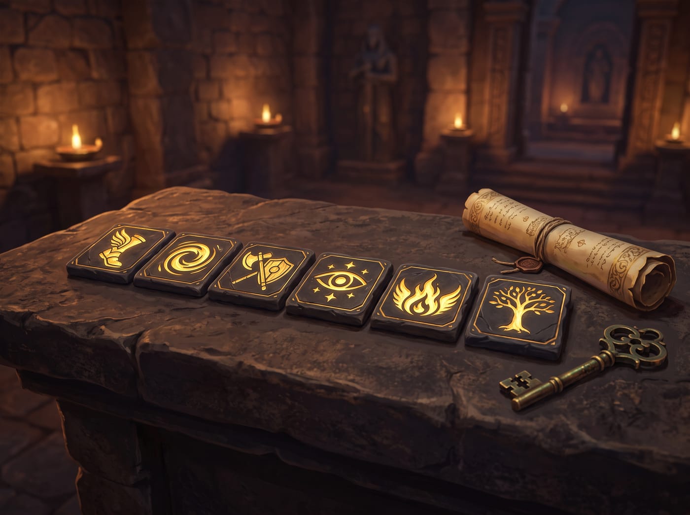 Seis losas de piedra con runas doradas grabadas sobre un altar, junto a un pergamino y una llave de bronce