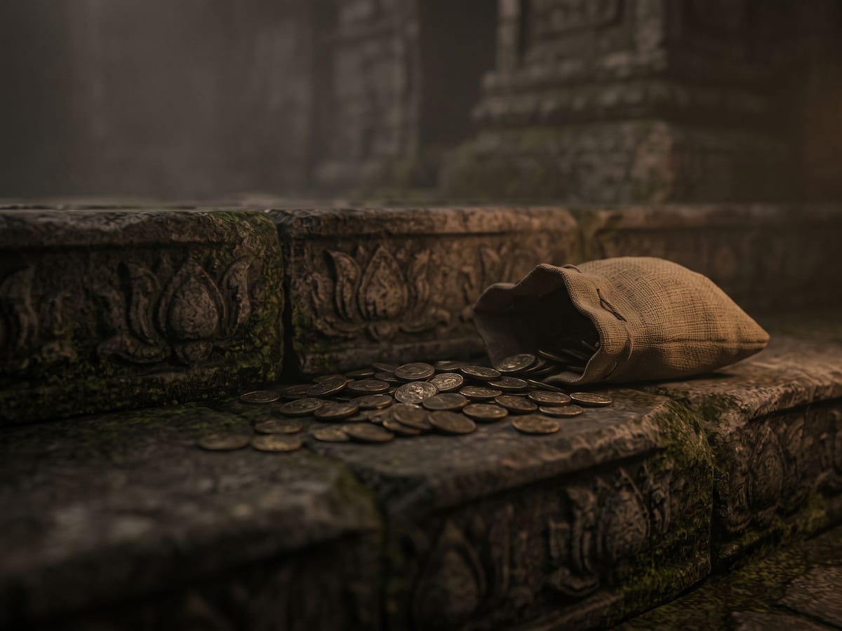 Gold coins spilled from a cloth pouch onto a moss grown temple step