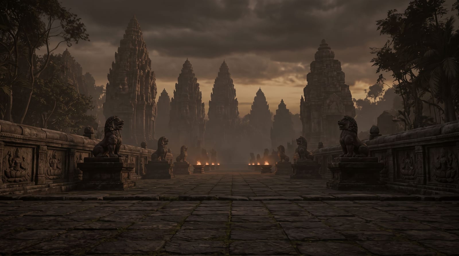 A Kathana temple courtyard at dusk, guardian lion statues lining both sides