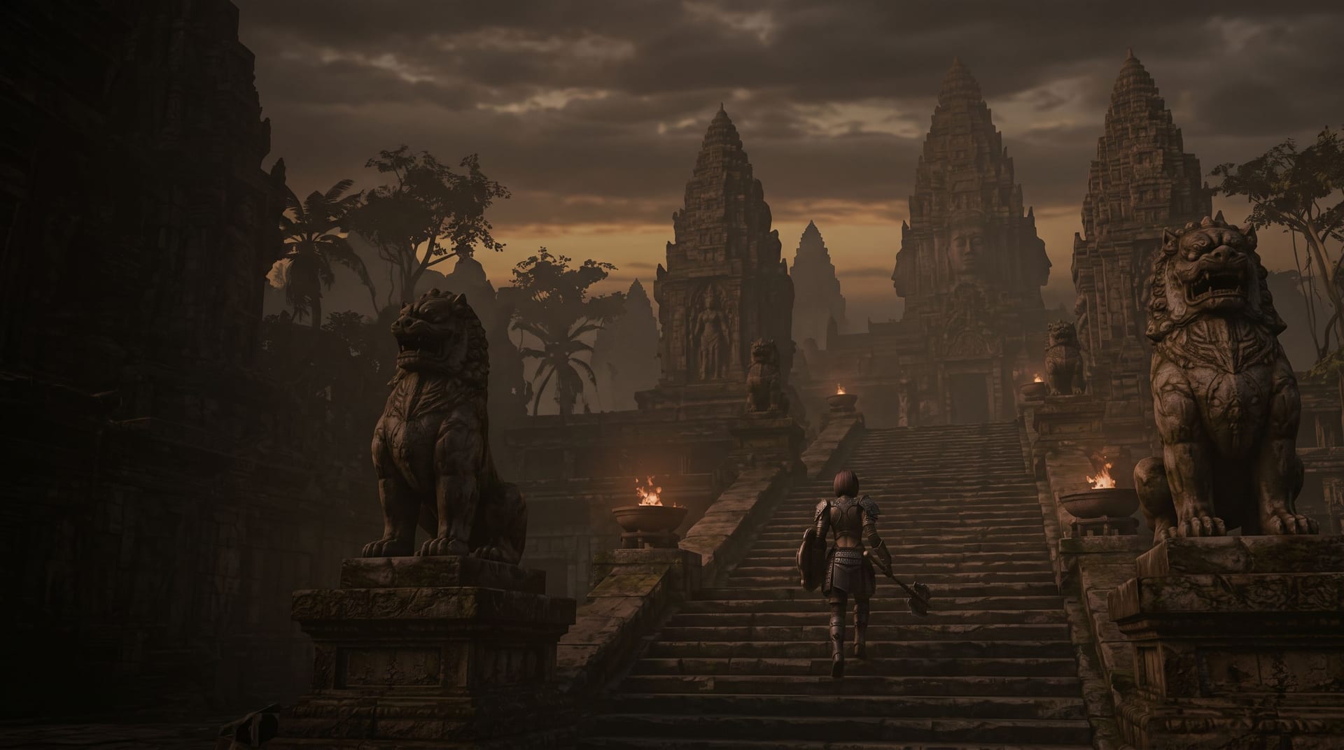 The temple complex of Kathana at dusk, two huge stone guardian lions flanking a long stairway