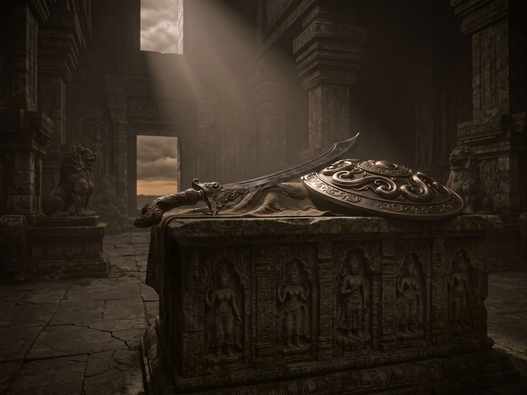 A curved sword and a round carved shield lying on a moss grown stone altar
